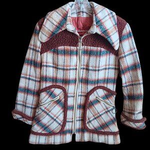 S/XS Vintage Hippie Coat Plaid Jacket Sherpa Yoke Ring Zippers 1970's Cowgirl